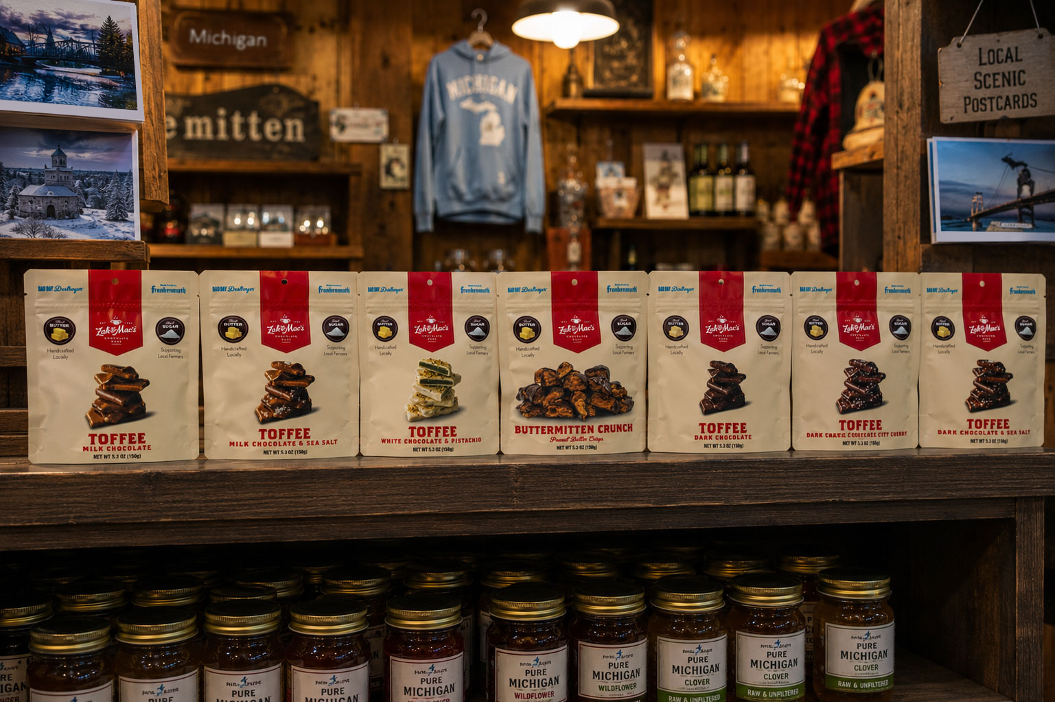 Zak & Mac's toffee displayed in a Michigan shop